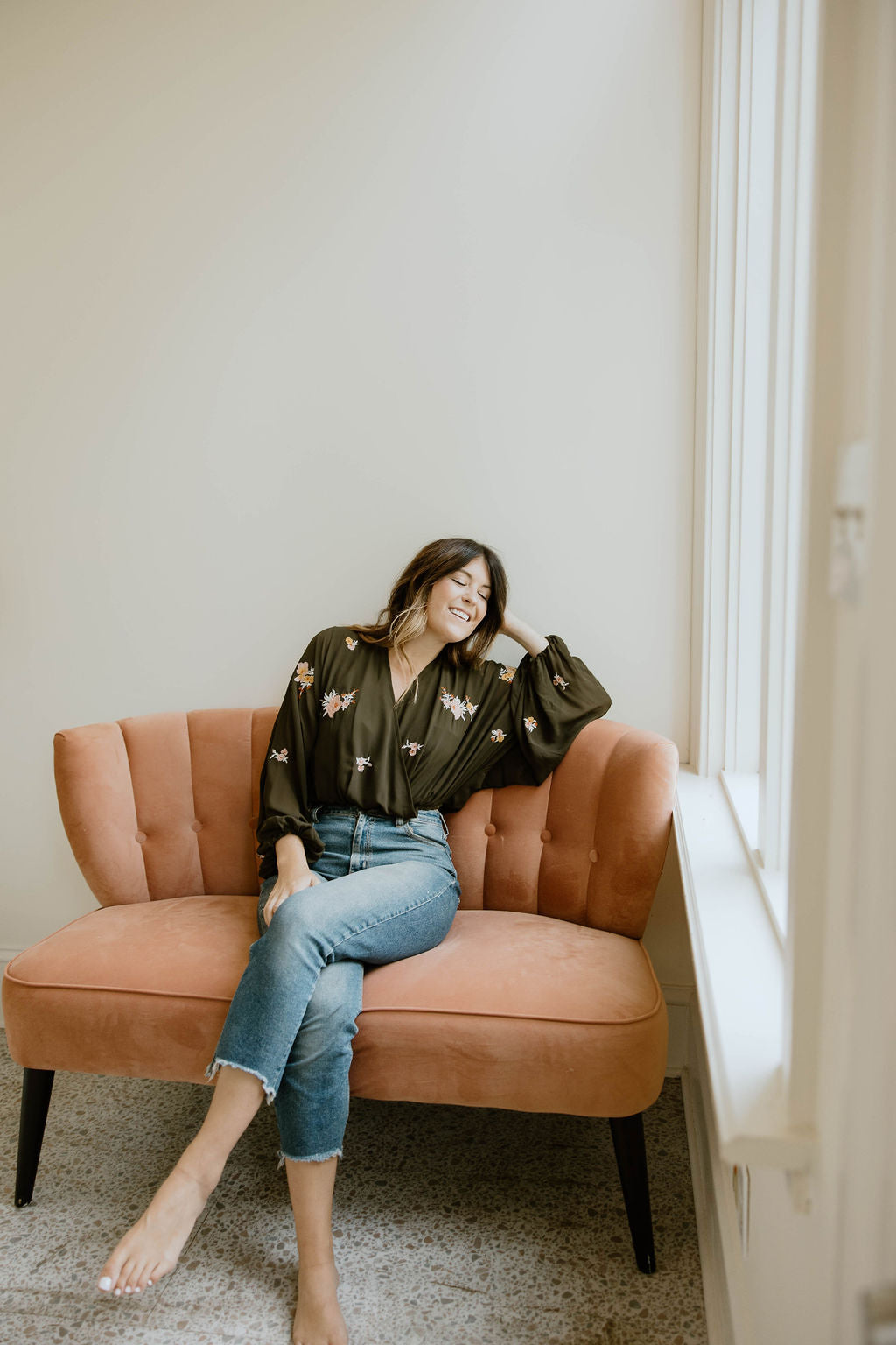 Long Sleeve V Neck Blouse in Olive