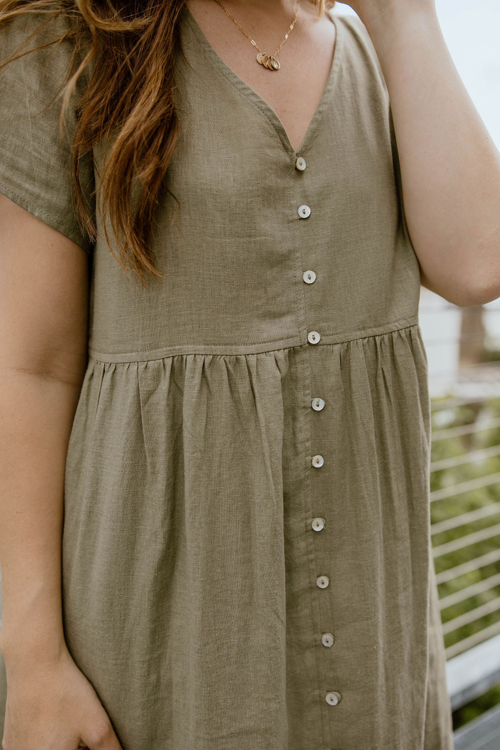 Gauze Short Sleeve Olive Dress with Buttons