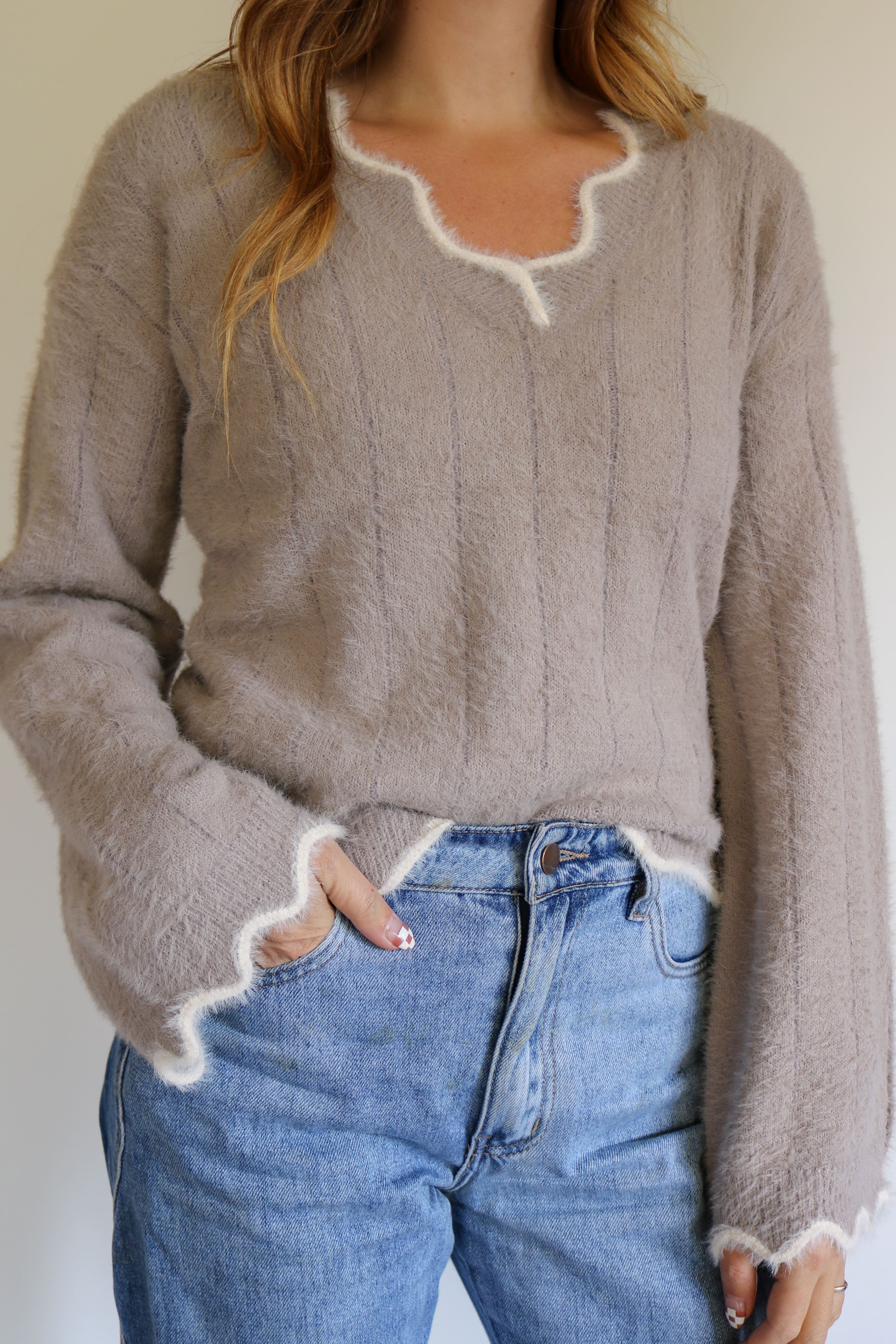 Scallop Edge Fuzzy Sweater