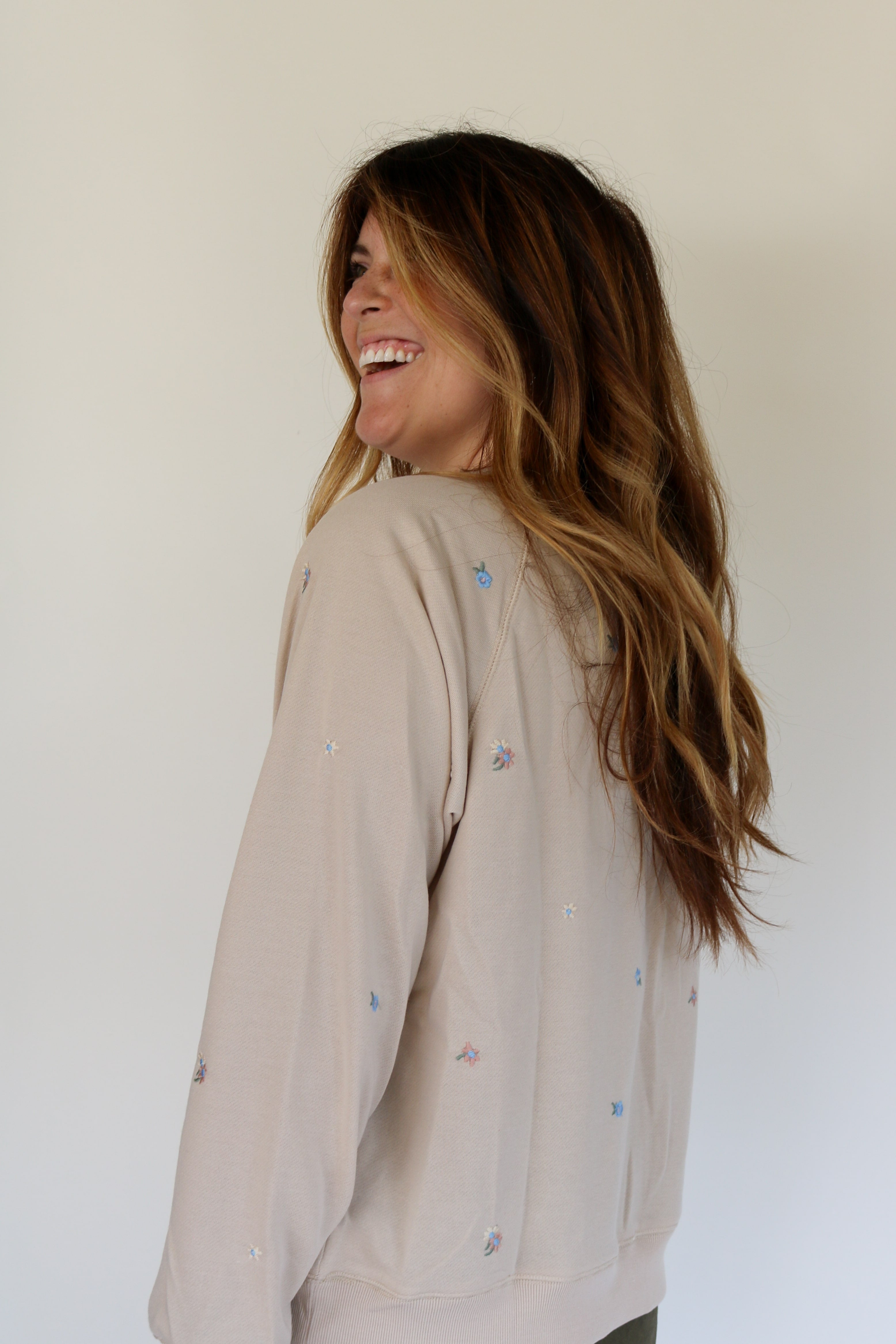 Floral Embroidered Sweatshirt in Taupe