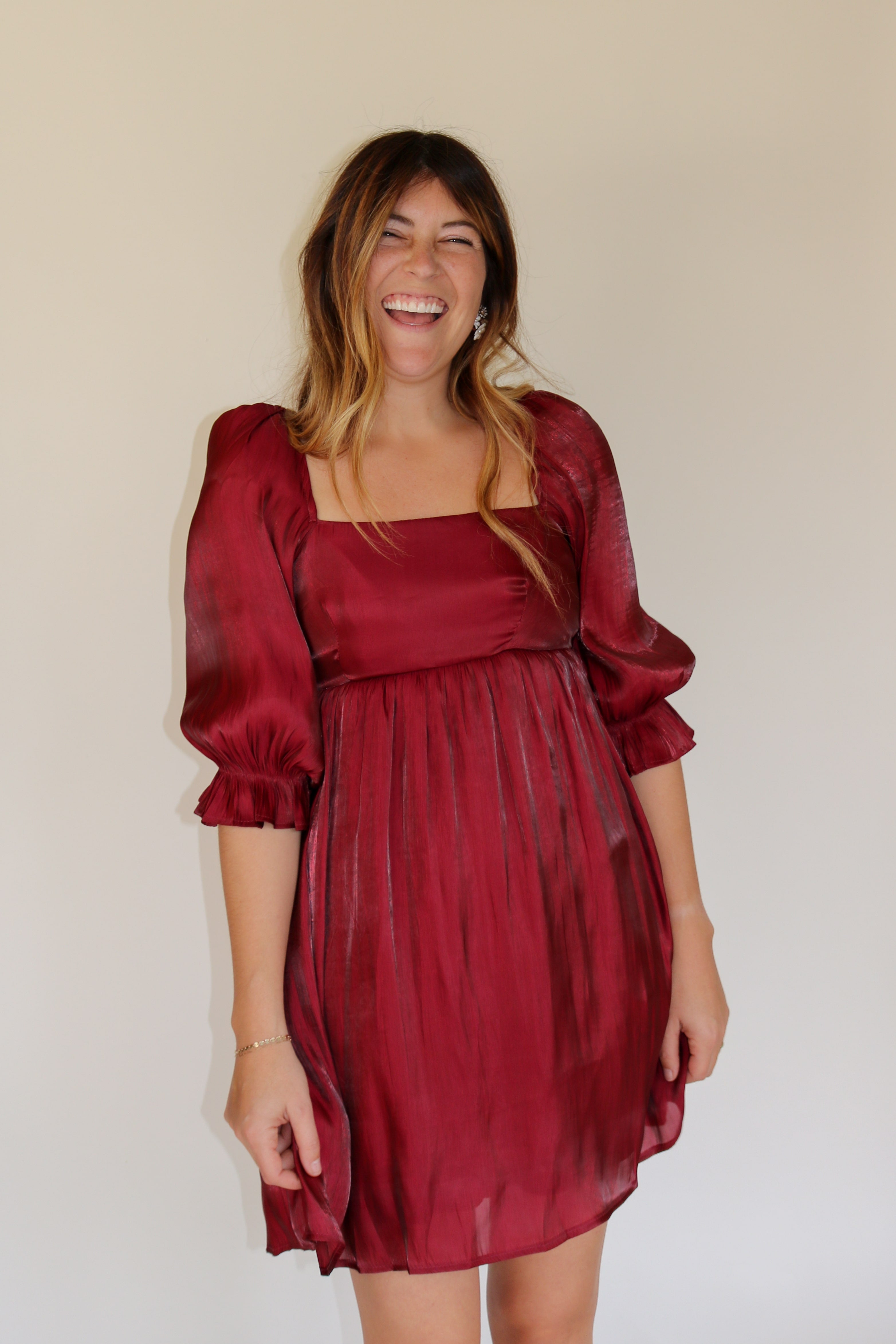 Satin Babydoll Dress in Burgundy
