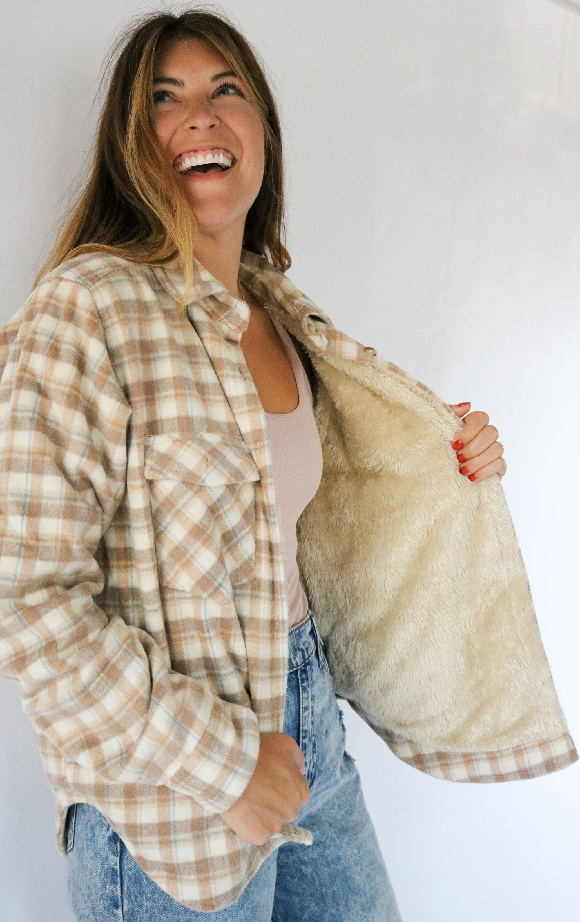 Faux Fur Lined Plaid Shacket in Light Taupe