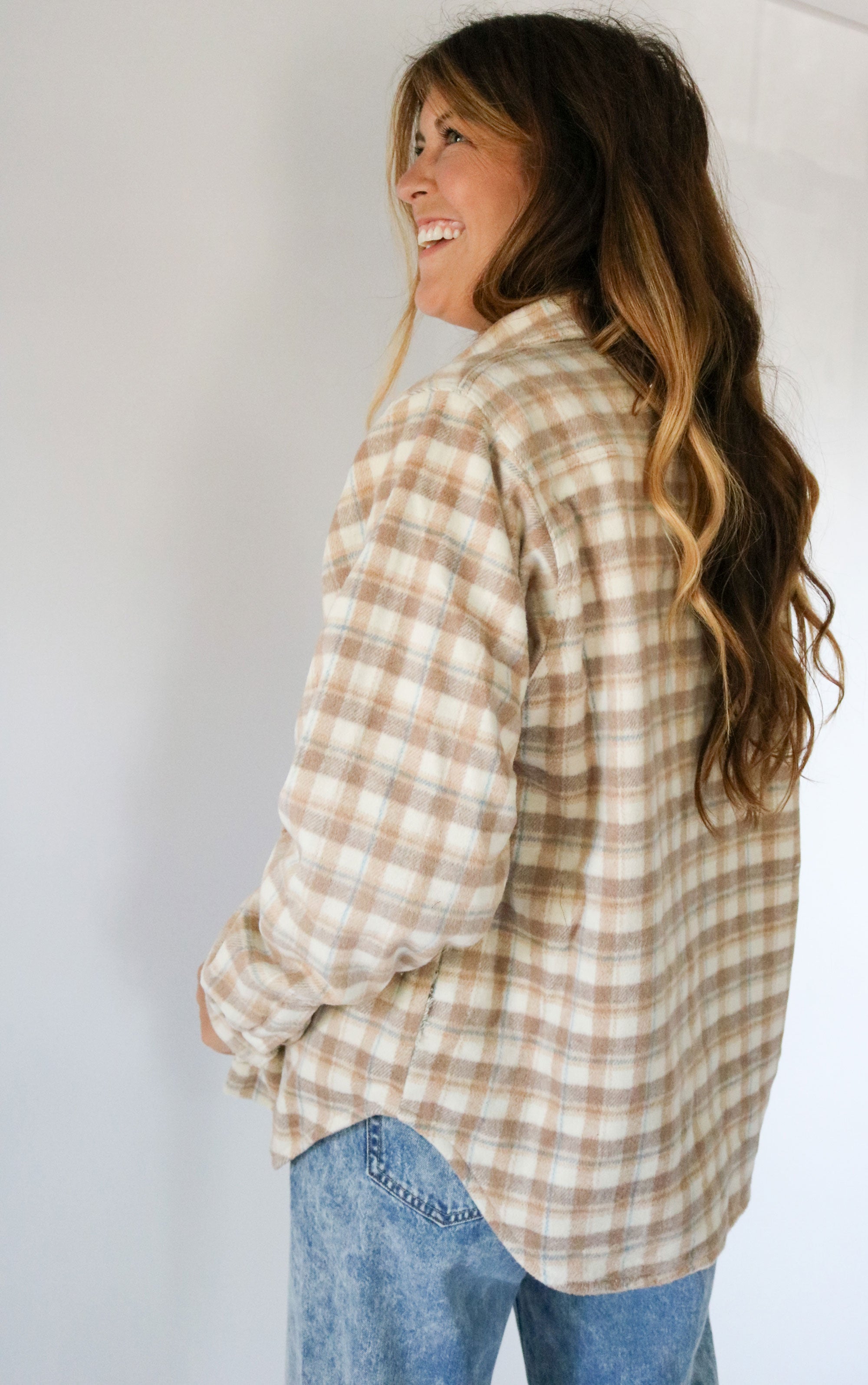 Faux Fur Lined Plaid Shacket in Light Taupe