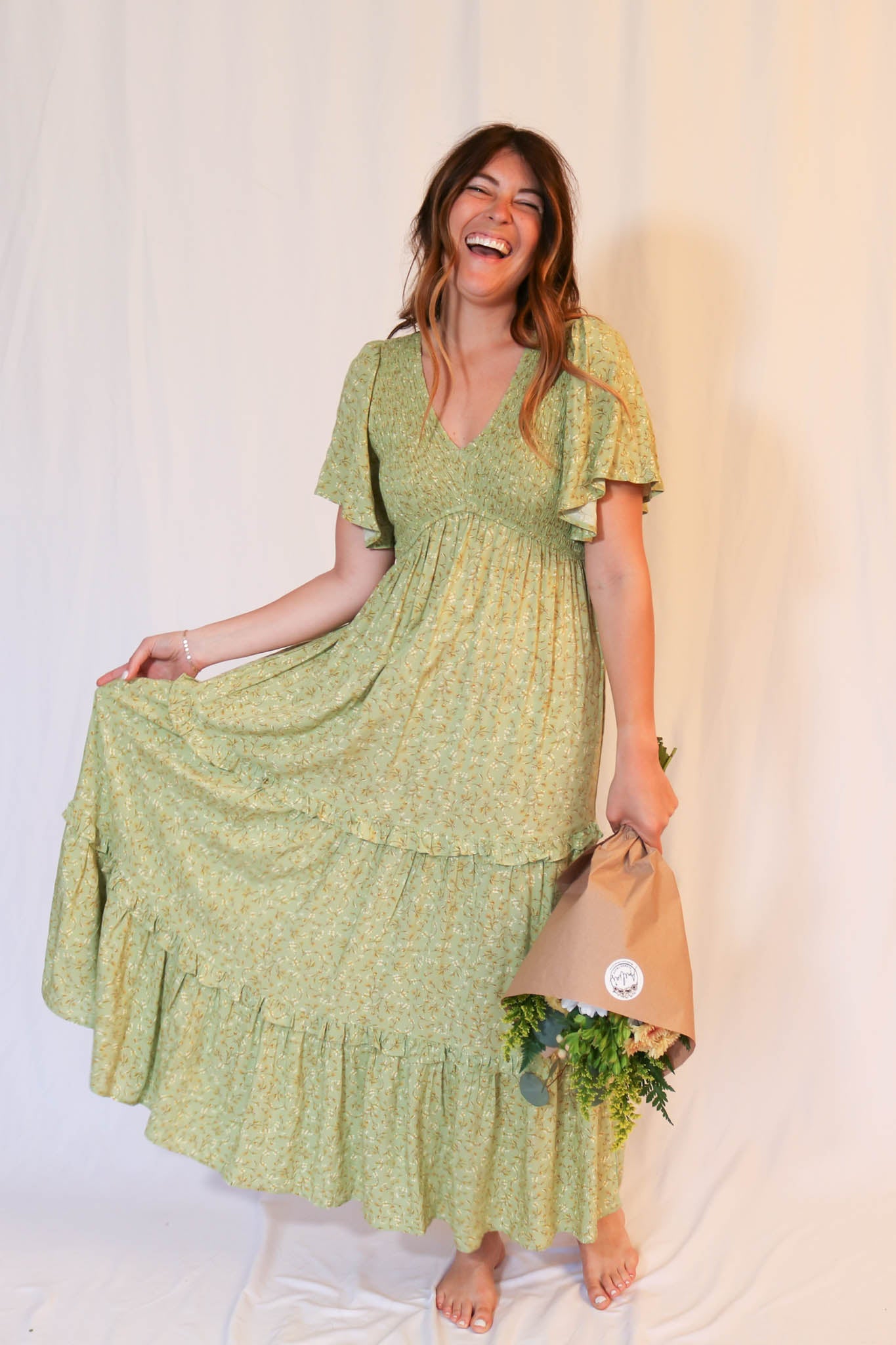 Tiered Midi Dress in Moss Green