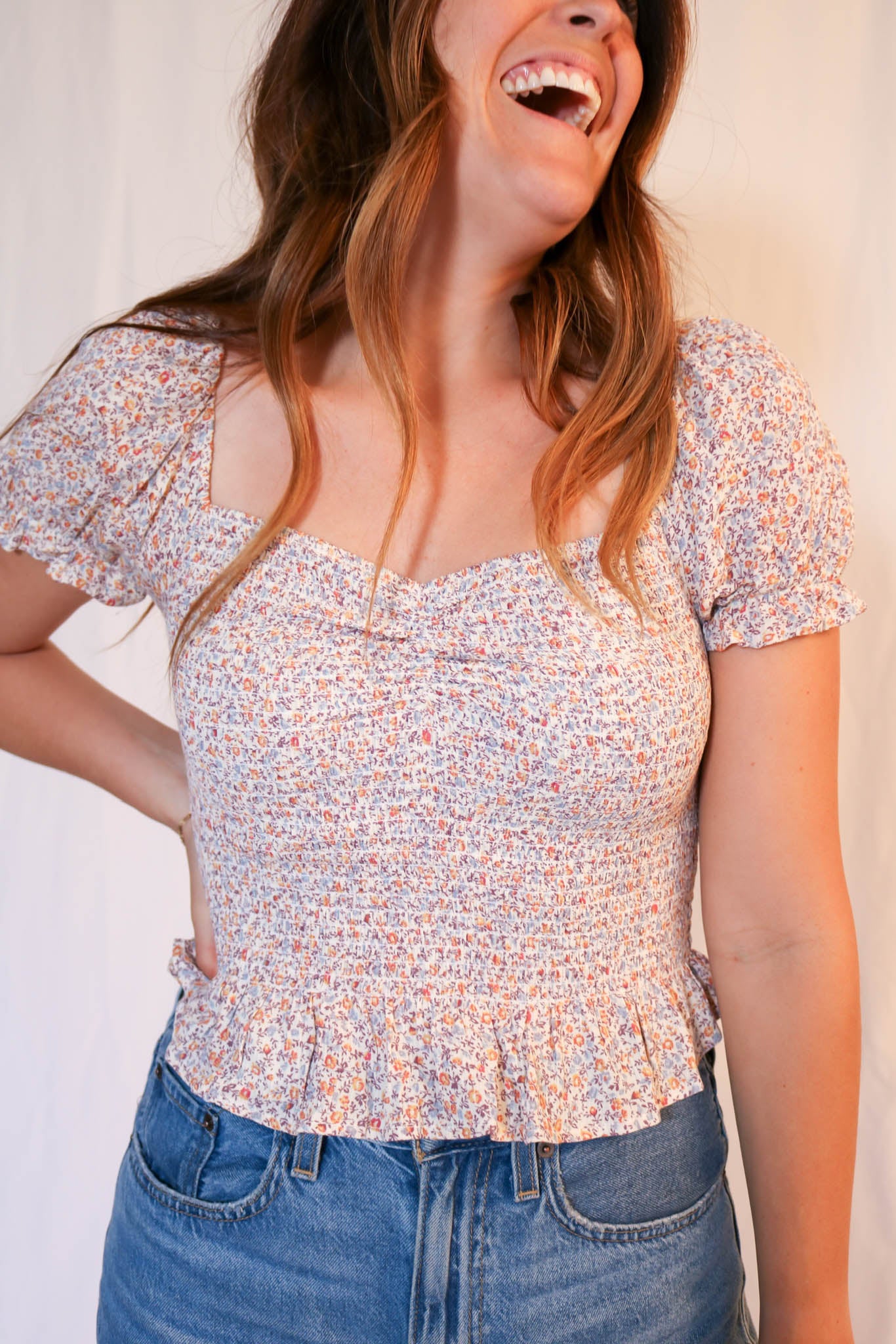Smocked Floral Top in Cantaloupe
